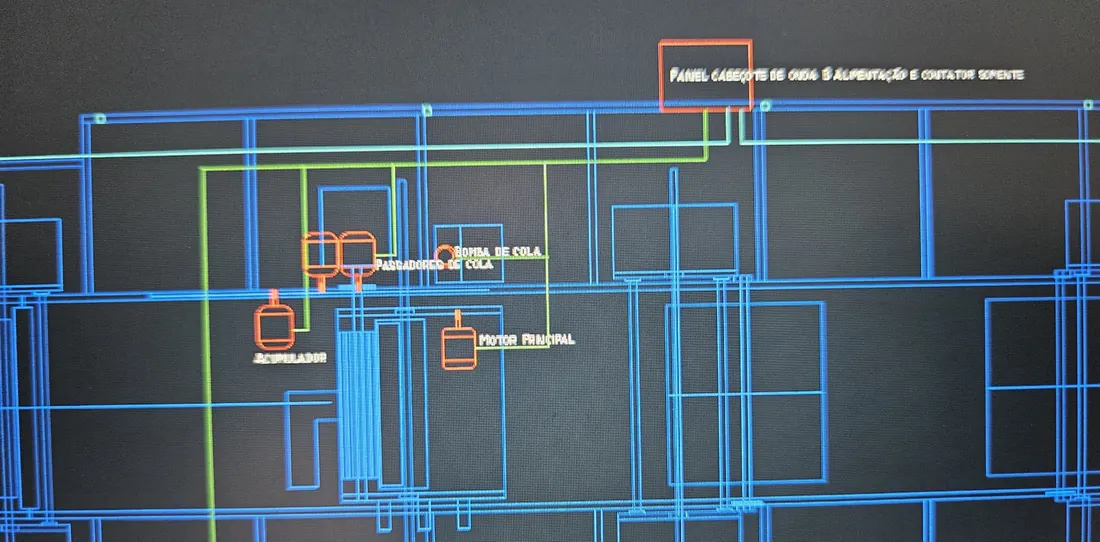 Desenho do layout de motores e bombas da máquina com o painel de alimentação