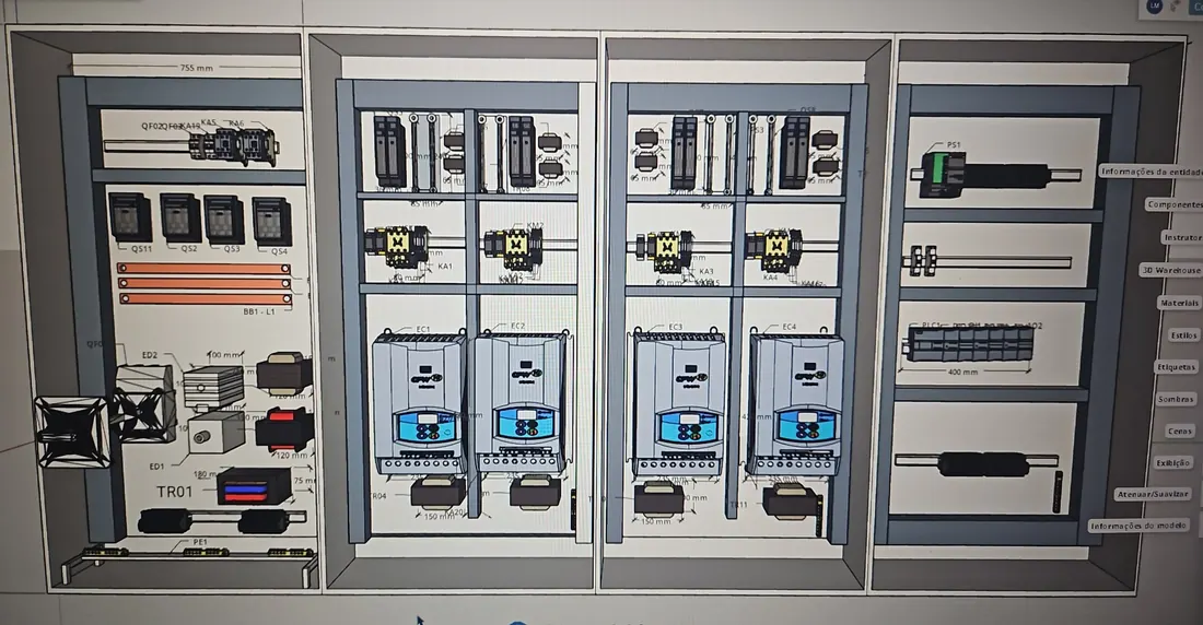 Layout 3D de painel de acionamento com quatro inversores WEG, contatores e CLP