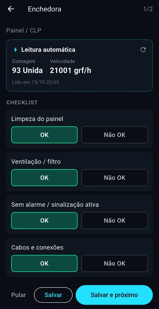 Tela de inspeção de rota da enchedora com checklist