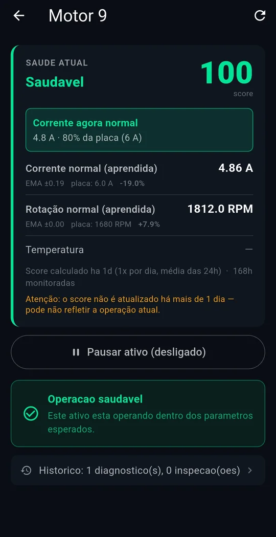Tela de saúde do motor 9 com score 100
