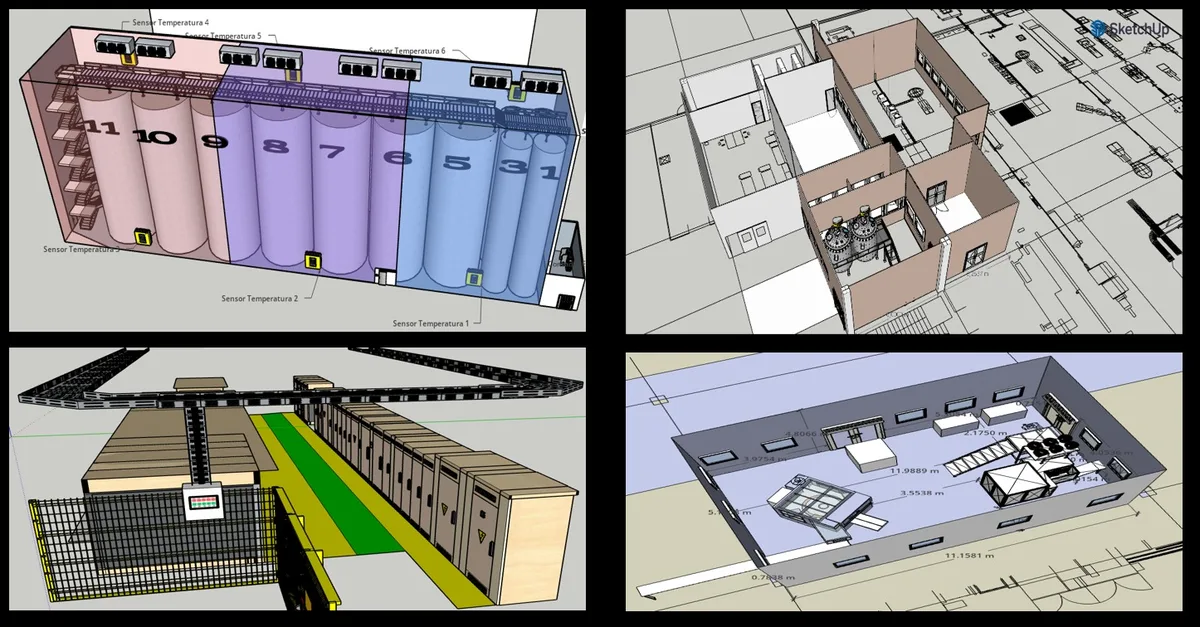 Quatro modelagens 3D: silos com sensores de temperatura, sala elétrica, planta de edificação e layout industrial